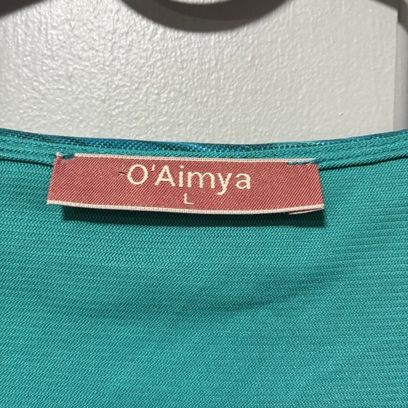 O'Aimaya Women's Top Size Large Blue Green Floral Abstract Print-V-neck Tunic - Picture 4 of 16